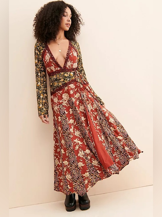 Free People Dresses & Skirts - Free People Tilda Rust and Black Floral Patchwork Maxi Dress
